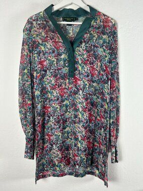 Shanghai Tang Womens Floral Silk Tunic Top US 12 Multicolor Long Sleeve Pullover